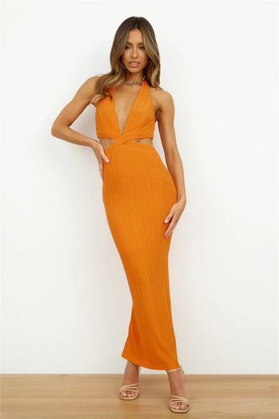 Orange Cutout Waist Halter Midi Dress