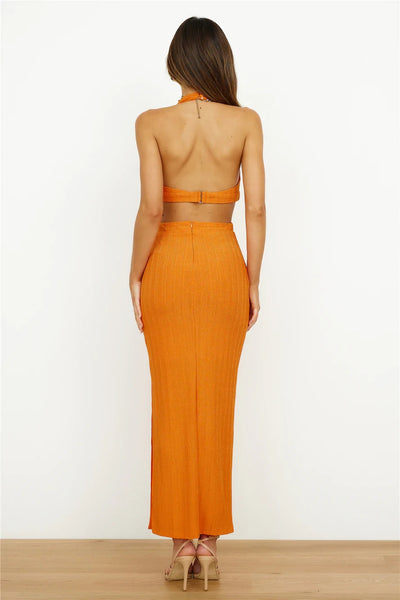 Orange Cutout Waist Halter Midi Dress