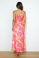 Pink Floral One Shoulder Midi Dress