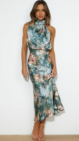 Green Floral Satin Midi Dress