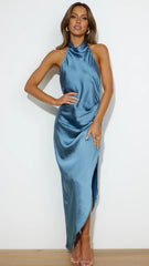 Slate Blue Satin Midi Dress