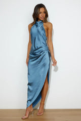 Slate Blue Satin Midi Dress