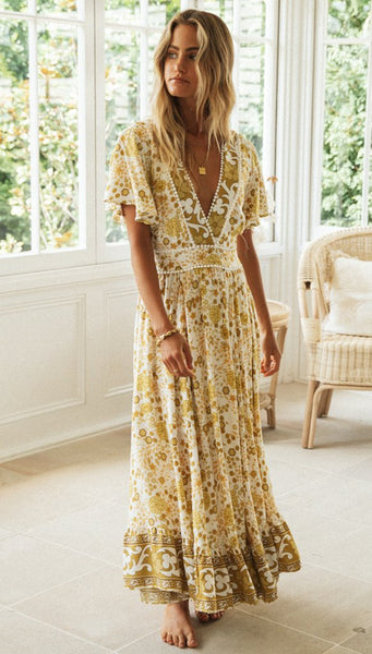 Yellow Floral Bohemia V-Neck Dress