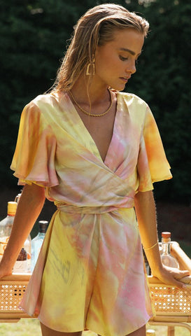 Marbled Tie Dye Wrap Romper Yellow/Pink