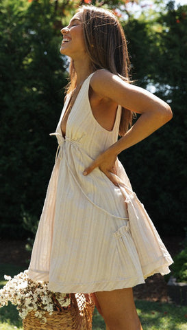 Beige Plunging Neck Sleeveless Dress