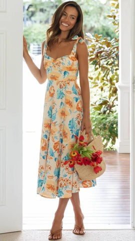Orange Floral Shoulder Tie Midi Dress