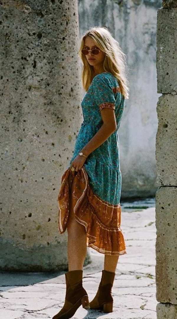 Boho Turquoise Floral Button Down Dress