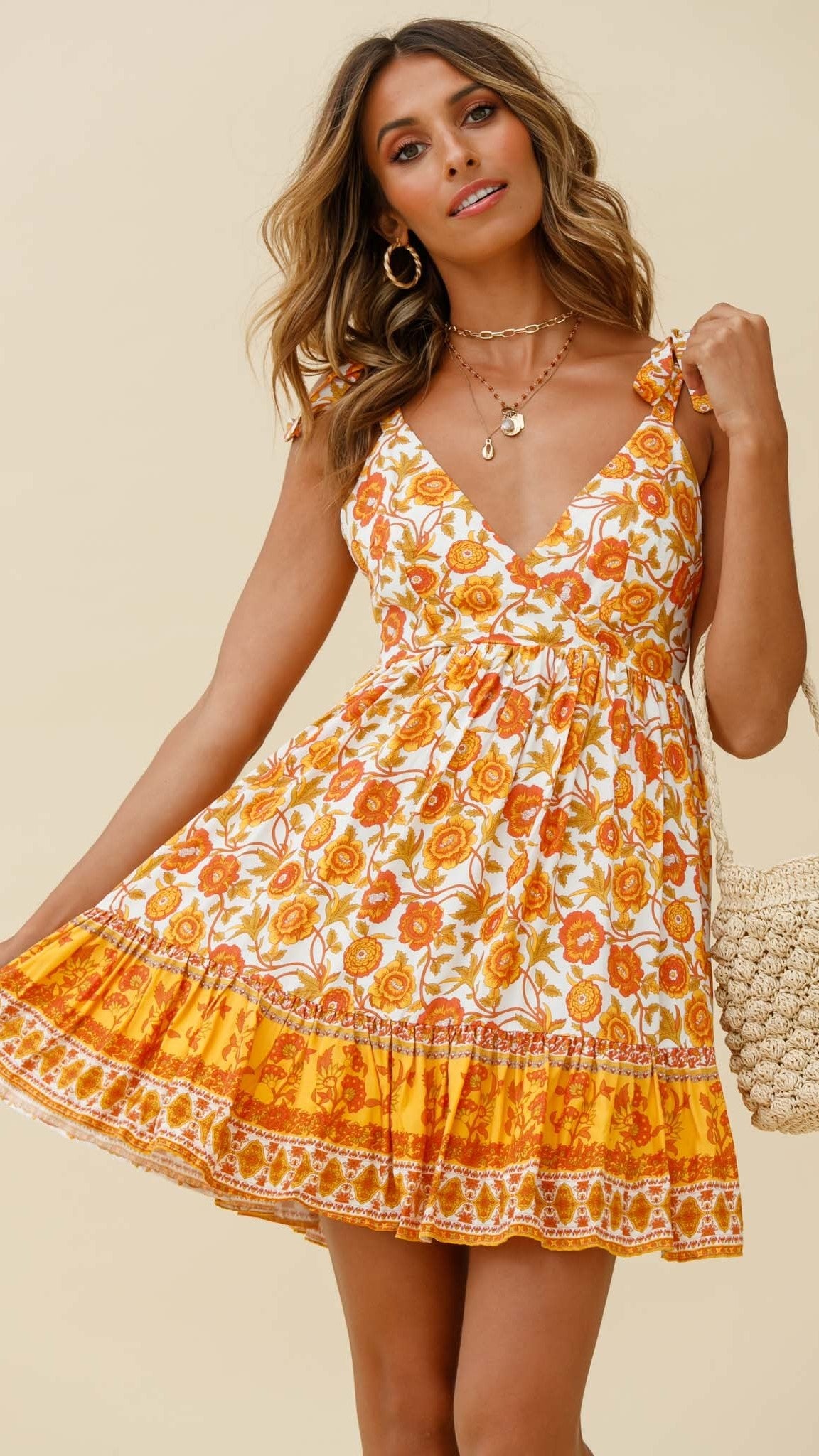 Orange Floral Shoulder-Tie Sun Dress