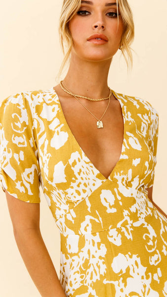 Mustard Stencil Print Ruched Sleeve Tea Dress