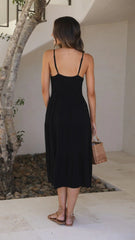 Black Slip Tiered Midi Dress