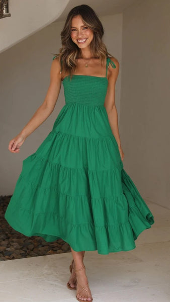 Green Shoulder Tie Tiered Midi Dress