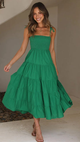 Green Shoulder Tie Tiered Midi Dress