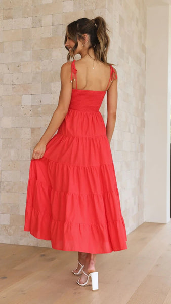Red Shoulder Tie Tiered Midi Dress