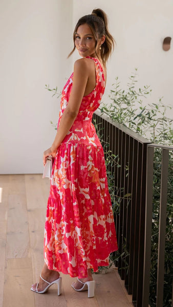 Red Floral Print Midi Dress