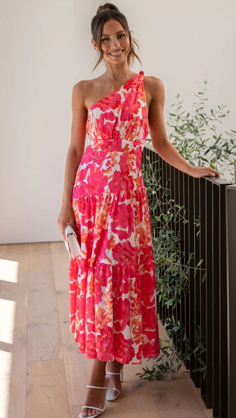 Red Floral Print Midi Dress