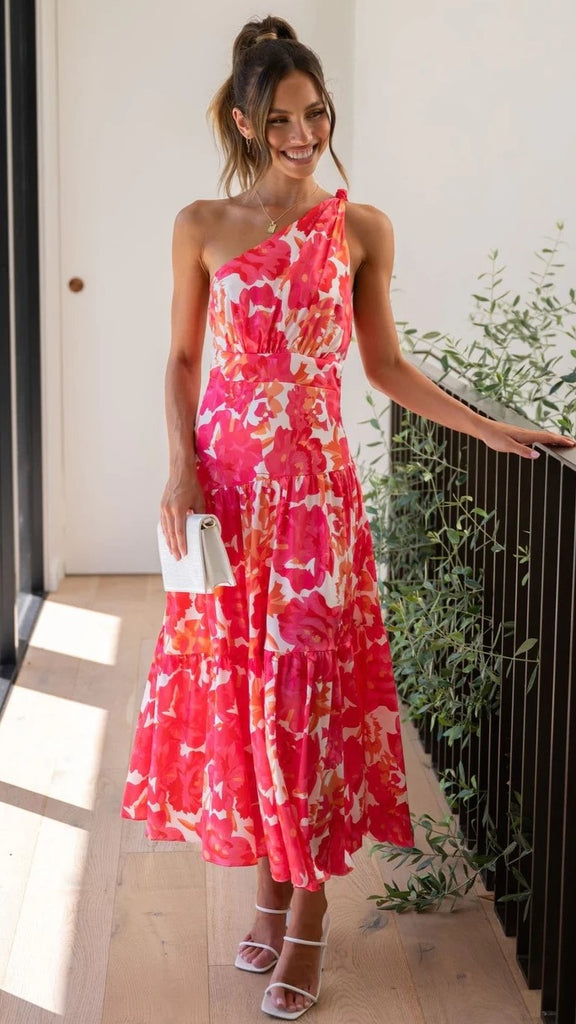 Red Floral Print Midi Dress