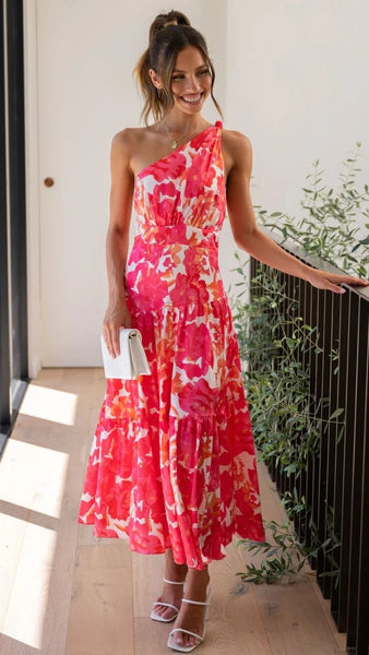 Red Floral Print Midi Dress