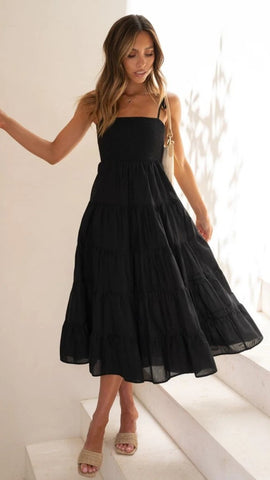 Black Shoulder Tie Tiered Midi Dress