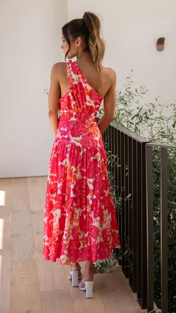 open lace back dress Asymmetrical Red Floral One Shoulder Maxi Dress with Slit