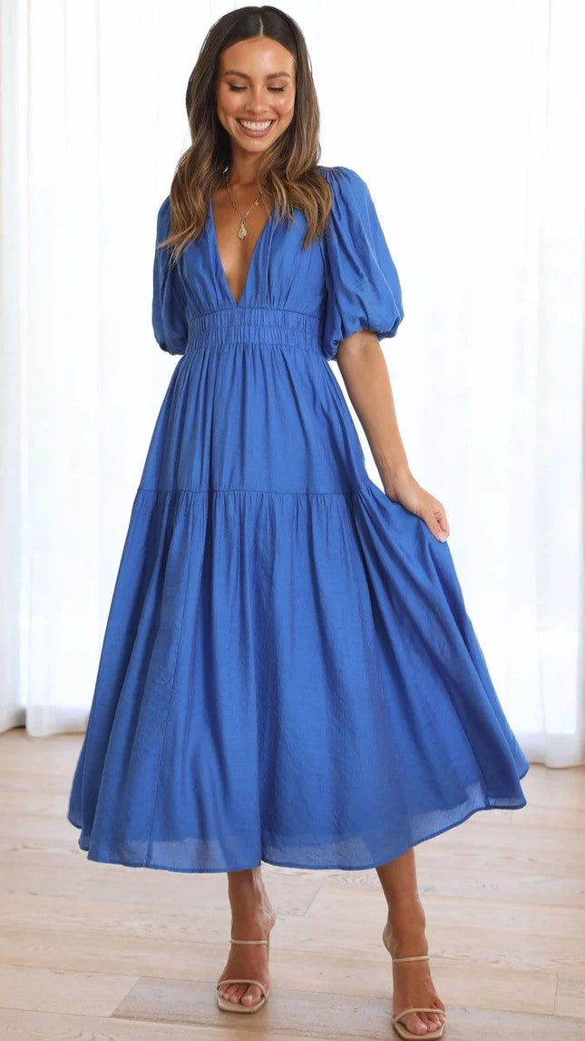 Blue Deep V Neckline Tiered Midi Dress