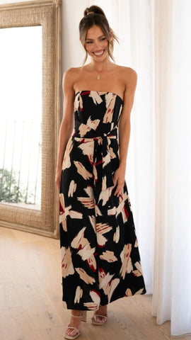 Black Printed Strapless Jumpsuit
