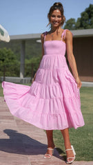 Pink Shoulder Tie Tiered Midi Dress