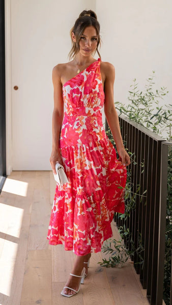 Red Floral Print Midi Dress