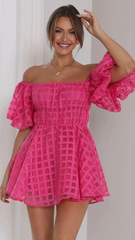 Hot Pink Textured Off Shoulder Dress