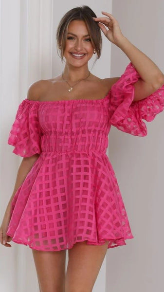 Hot Pink Textured Off Shoulder Dress