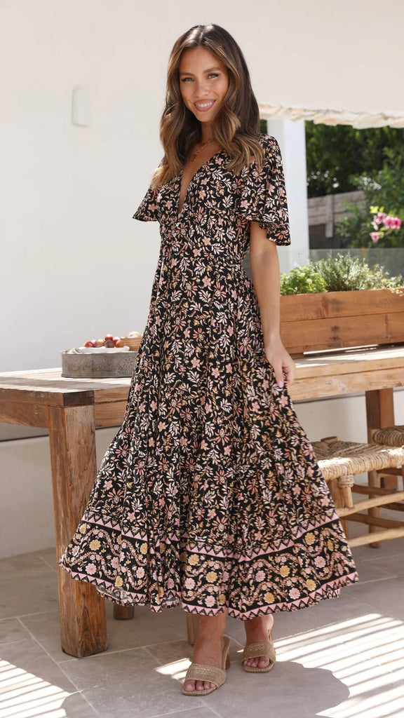 Black Boho Floral Midi Dress Gabi Swimwear Black Boho Floral Midi Dress Gabi Swimwear