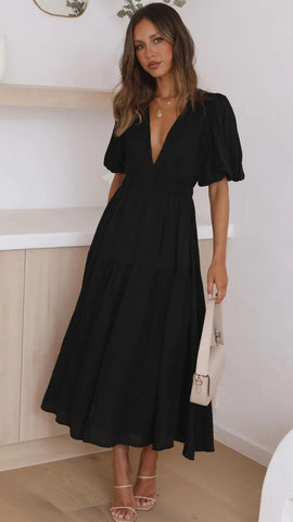 Black Deep V Neckline Tiered Midi Dress