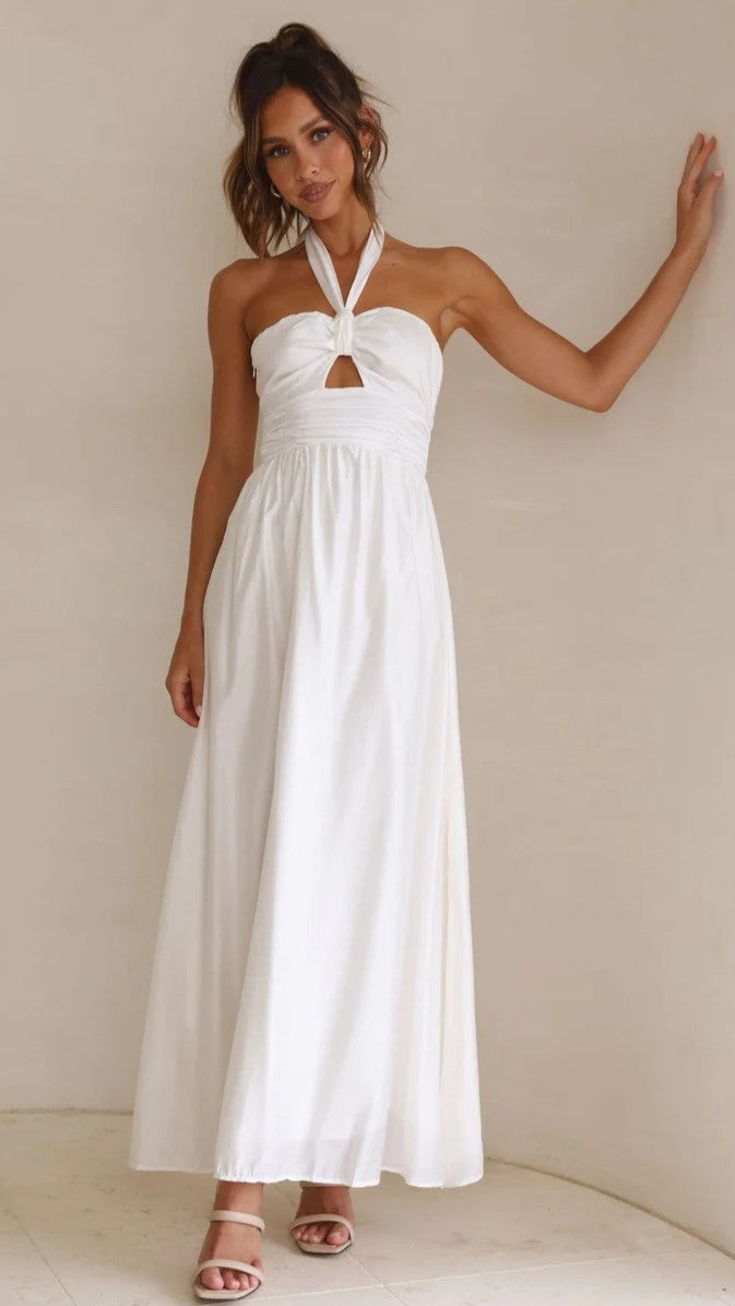 White Solid Halter Maxi Dress