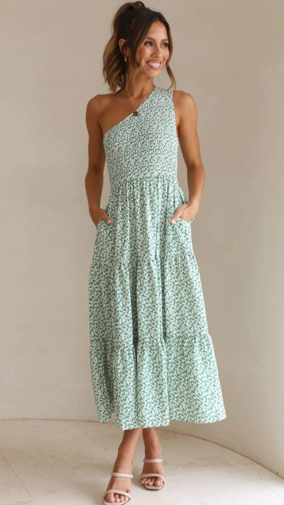 Green Floral One Shoulder Midi Dress Gabi Swimwear Green Floral One Shoulder Midi Dress Gabi Swimwear