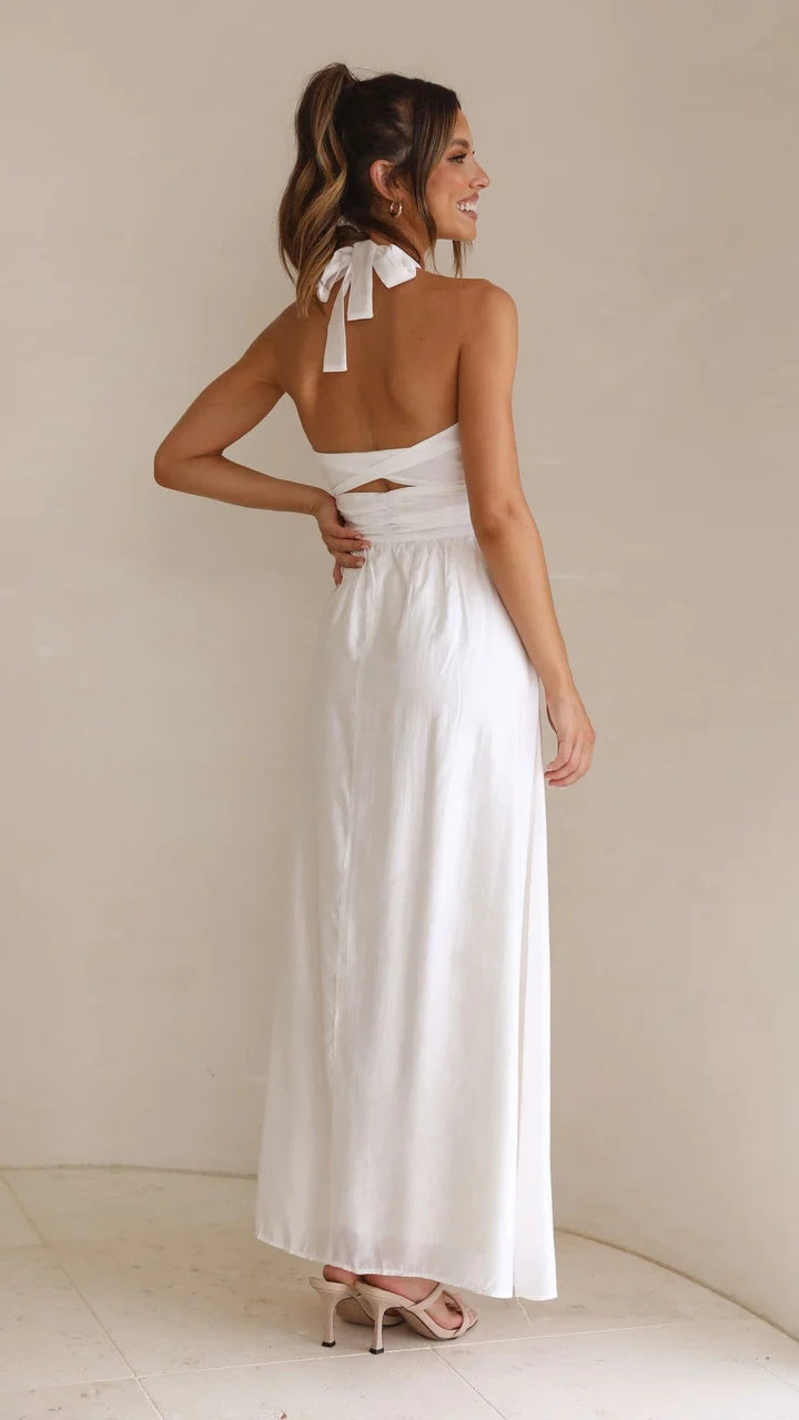 White Solid Halter Maxi Dress