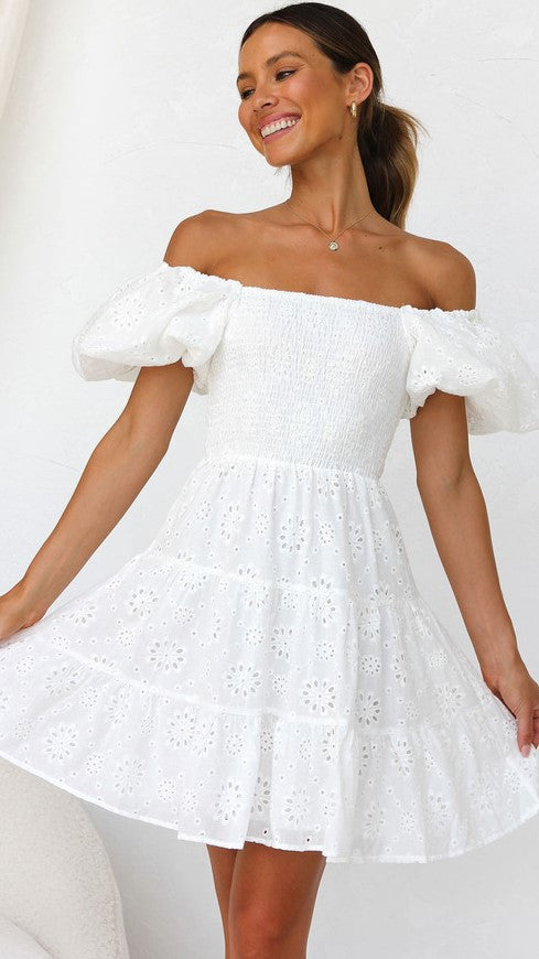 White Lace Off Shoulder Mini Dress