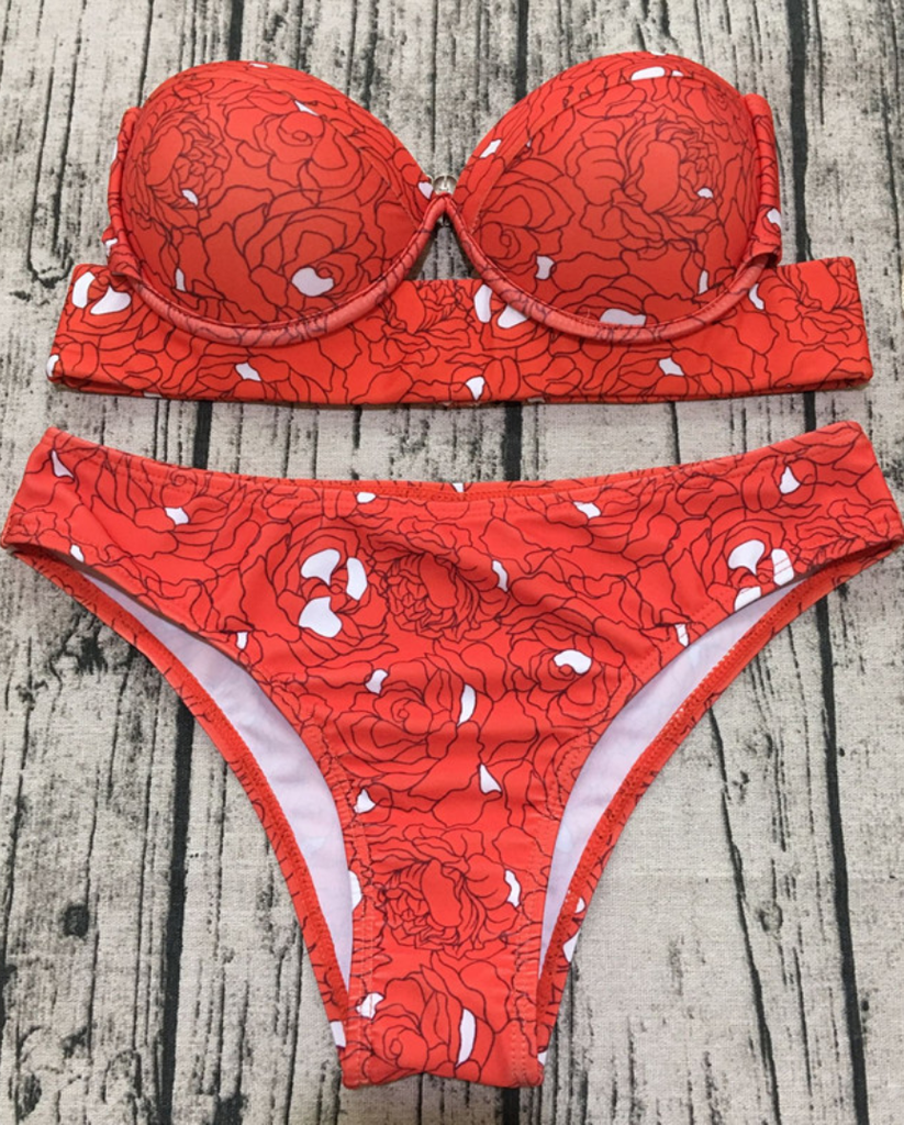 Floral Push Up Strapless Bikini Bathing Suit