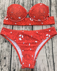 Red Floral Push Up Strapless Bikini Bathing Suits