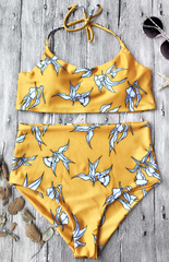 Yellow Leavy Print High Waisted Bikini