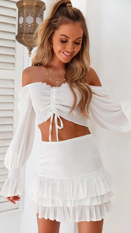 White Off the Shoulder Smocked Top