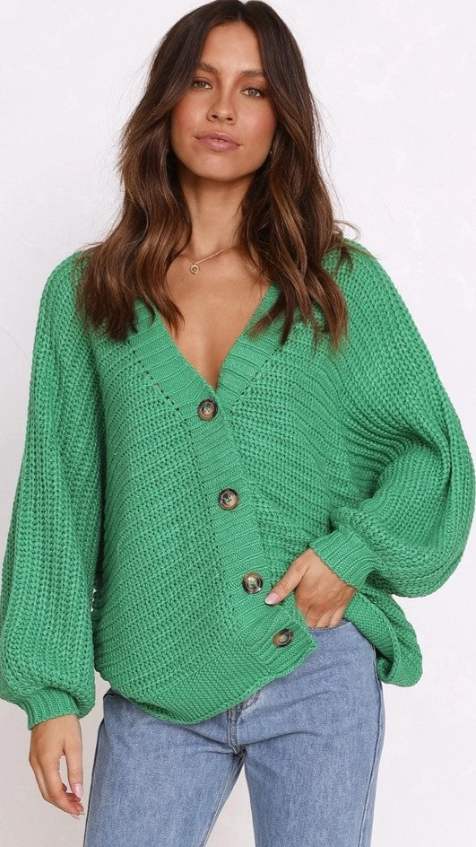 Green Ribbed Knit Cardigan Sweater