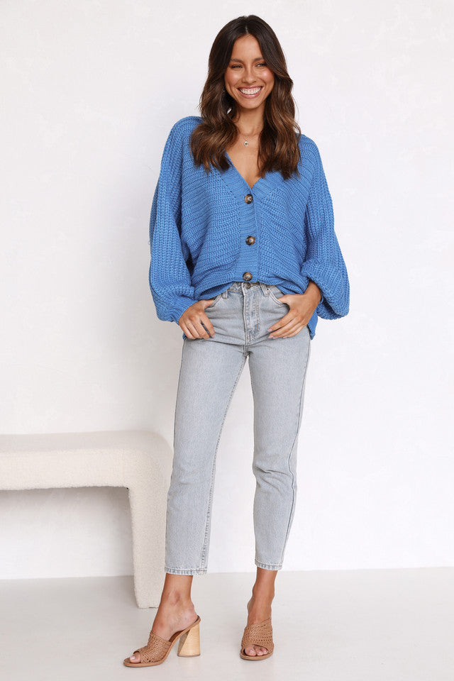 Blue Ribbed Knit Cardigan Sweater