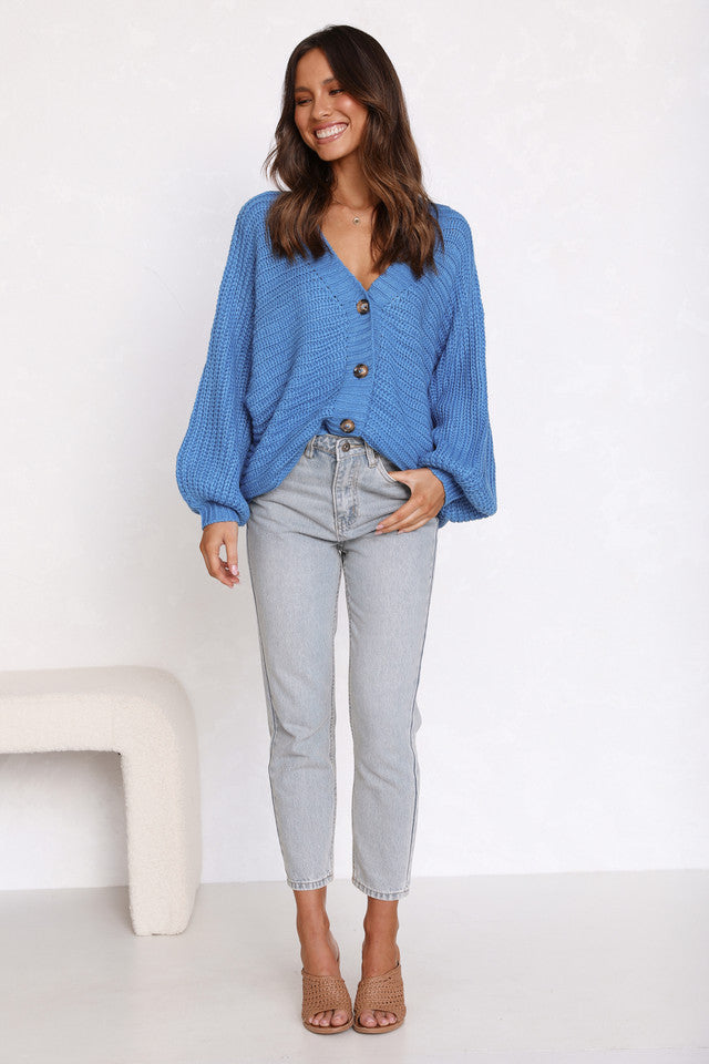 Blue Ribbed Knit Cardigan Sweater