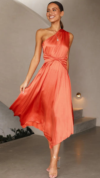 Orange One Shoulder Midi Dress