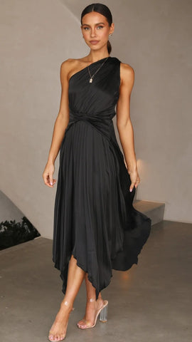 Black One Shoulder Midi Dress