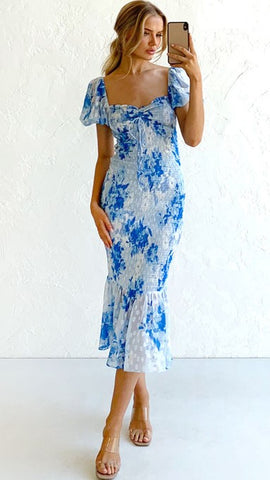 Blue Floral Print Midi Dress