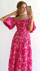 Hot Pink Flora Off Shoulder Midi Dress