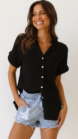 Black Button Down Short Sleeves Tee