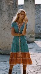 Boho Turquoise Floral Button Down Dress