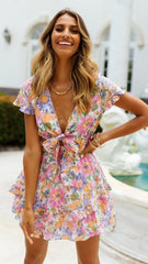 Pink Floral Front Knot Dress