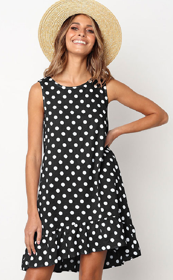 Black Polka Dot Sleeveless Midi Dress